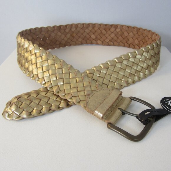 New Fossil Women Medium Gold Metallic Leather Woven Wide Belt Brass Buckle NWT main image 6